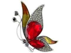 Broszka ozdobna Motyl z cyrkoniami w kolorze srebra i czerwieni