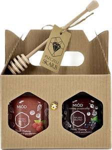 Zestaw prezentowy "Owocowy MIX" 2 miody smakowe w pudełku z rączką Zestaw prezentowy "Owocowy MIX" 2 miody smakowe w pudełku z rączką