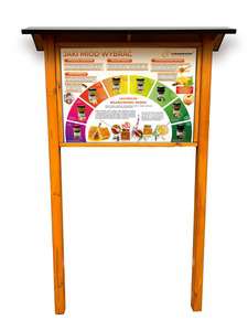 Tablica edukacyjna JAKI MIÓD WYBRAĆ w oprawie drewnianej z kotwami i daszkiem Tablica edukacyjna JAKI MIÓD WYBRAĆ w oprawie drewnianej z kotwami i daszkiem