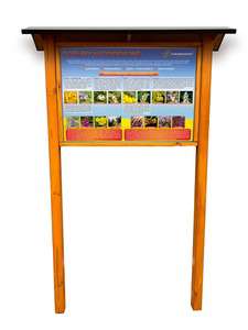 Tablica edukacyjna ROŚLINY MIODODAJNE w oprawie drewnianej z kotwami i daszkiem Tablica edukacyjna ROŚLINY MIODODAJNE w oprawie drewnianej z kotwami i daszkiem