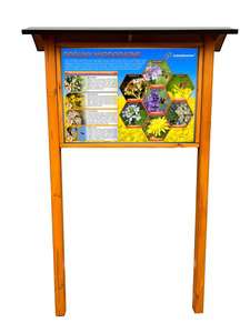 Tablica edukacyjna ROŚLINY MIODODAJNE HEXAGONY w oprawie drewnianej z kotwami i daszkiem Tablica edukacyjna ROŚLINY MIODODAJNE HEXAGONY w oprawie drewnianej z kotwami i daszkiem