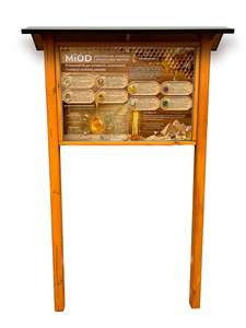 Tablica edukacyjna WŁAŚCIWOŚCI MIODU w oprawie drewnianej z kotwami i daszkiem Tablica edukacyjna WŁAŚCIWOŚCI MIODU w oprawie drewnianej z kotwami i daszkiem