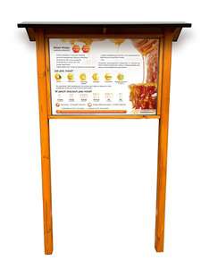 Tablica edukacyjna MIÓD w oprawie drewnianej z kotwami i daszkiem Tablica edukacyjna MIÓD w oprawie drewnianej z kotwami i daszkiem